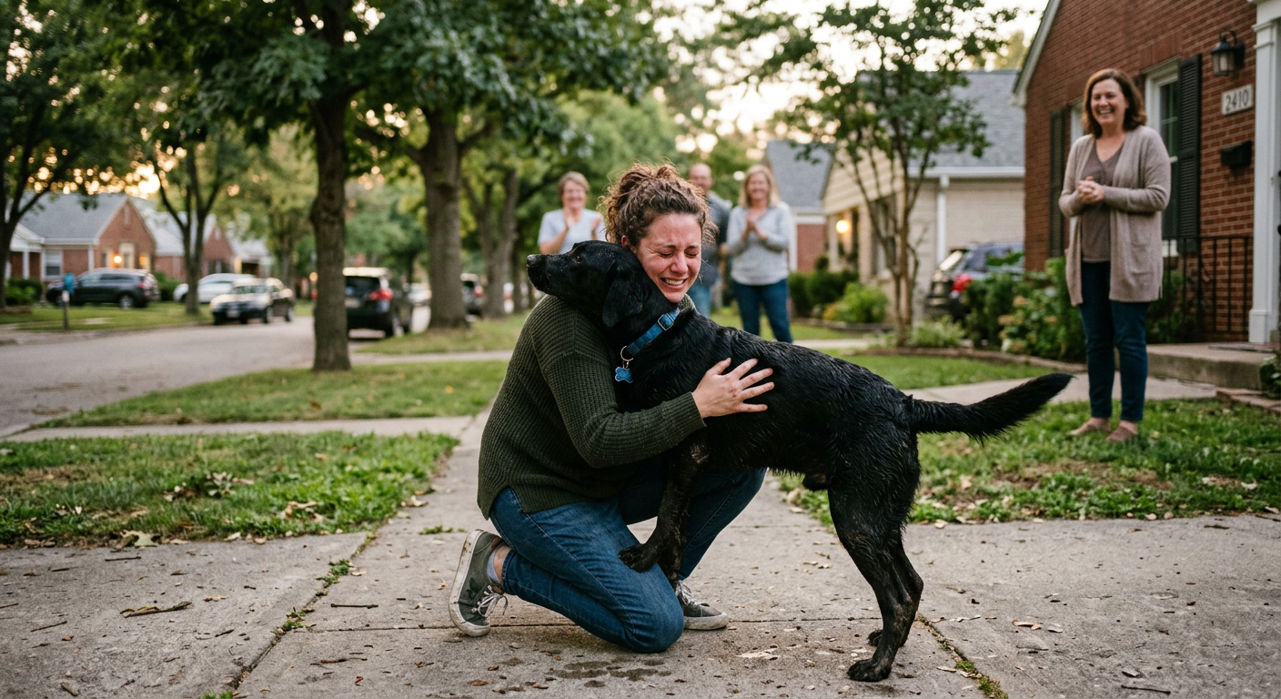 A woman kneeling on a sidewalk hugging her black labrador who just came home